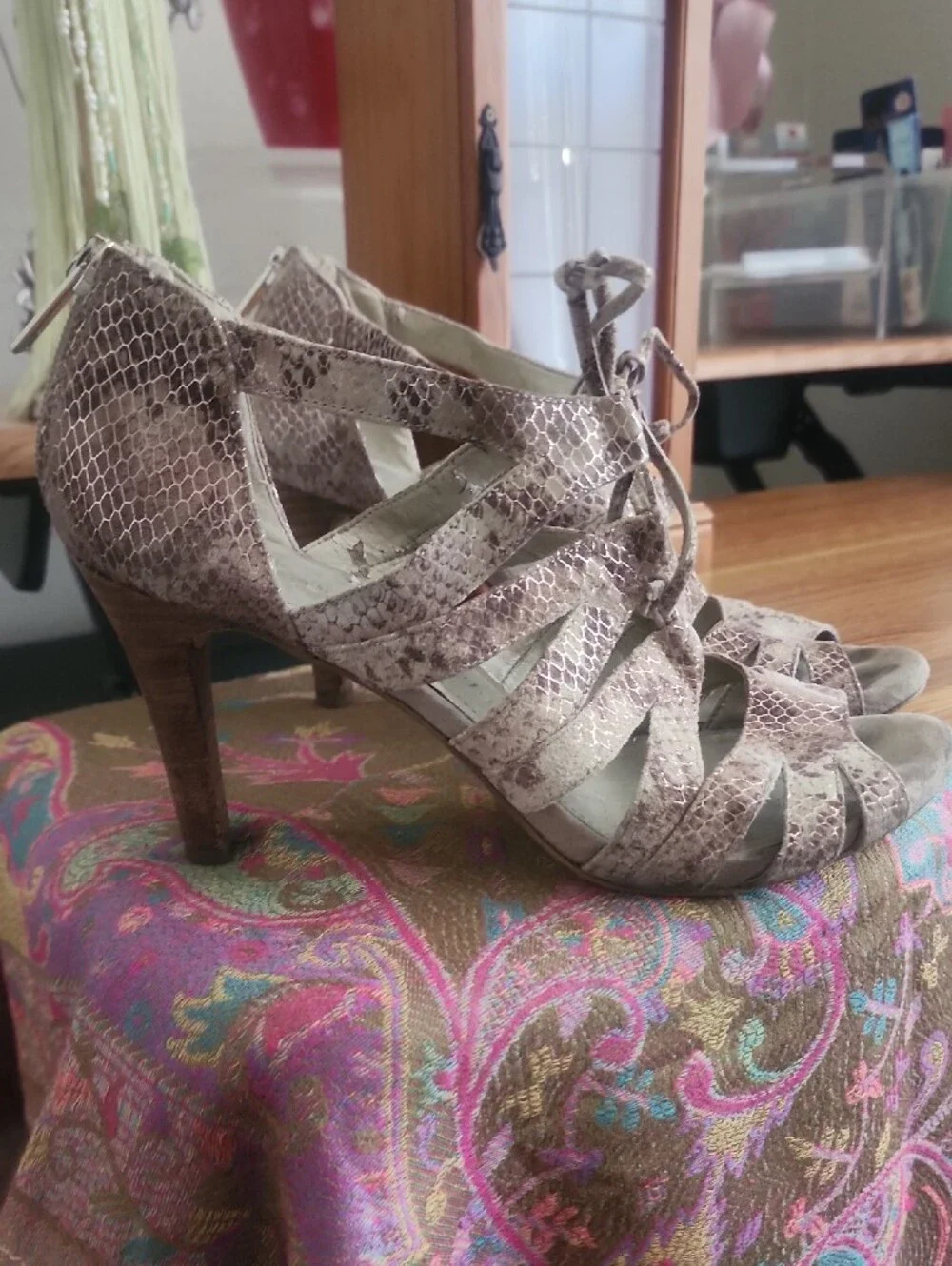 Anne Klein Taupe Snakeskin Lace-Up Peep-Toe Heels